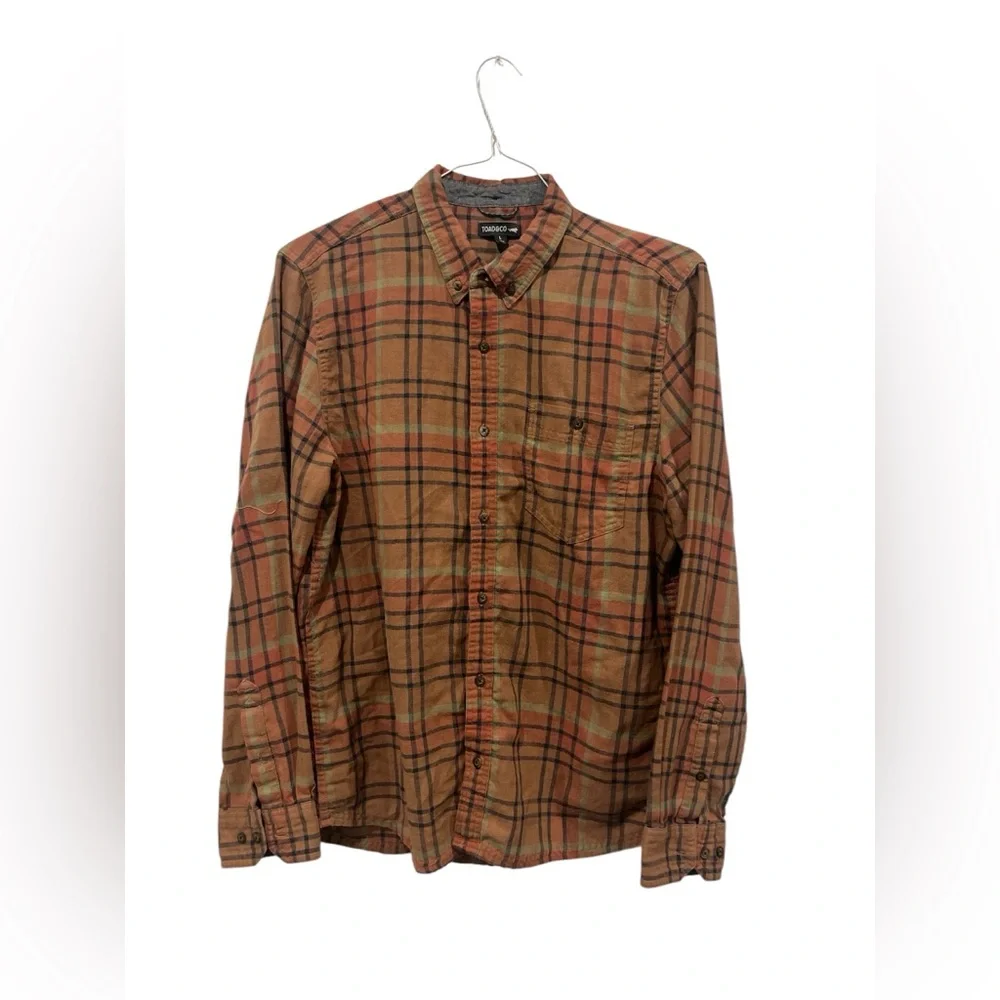 Toad & Co Men’s Large Tan Green Plaid Organic Cotton Blend Button Up Flannel EUC